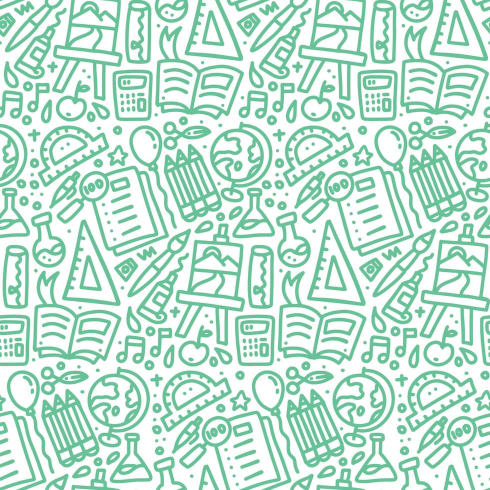 Hand Drawn monochrome Doodle School Supplies Icons Seamless Pattern. Education Design Elements green on white Background for Kids. Back to School vector hand drawn illustration.