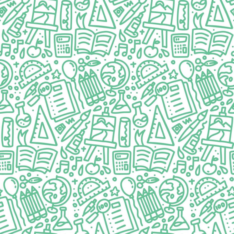 Hand Drawn monochrome Doodle School Supplies Icons Seamless Pattern. Education Design Elements green on white Background for Kids. Back to School vector hand drawn illustration.