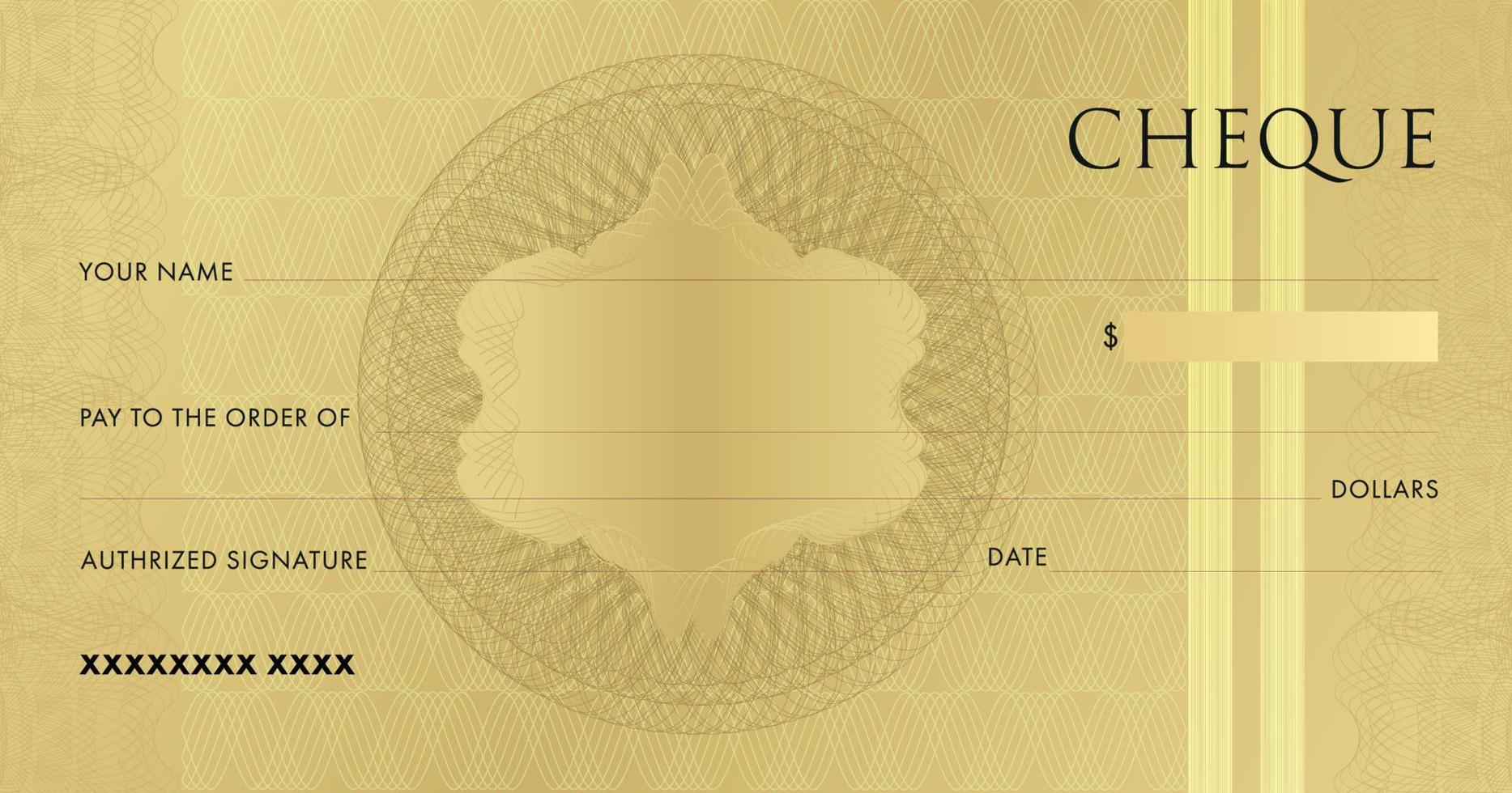 Golden Check template for Chequebook. Blank gold business bank cheque with guilloche pattern rosette and abstract watermark. Background for voucher, gift certificate, ticket, coupon. Vector design.