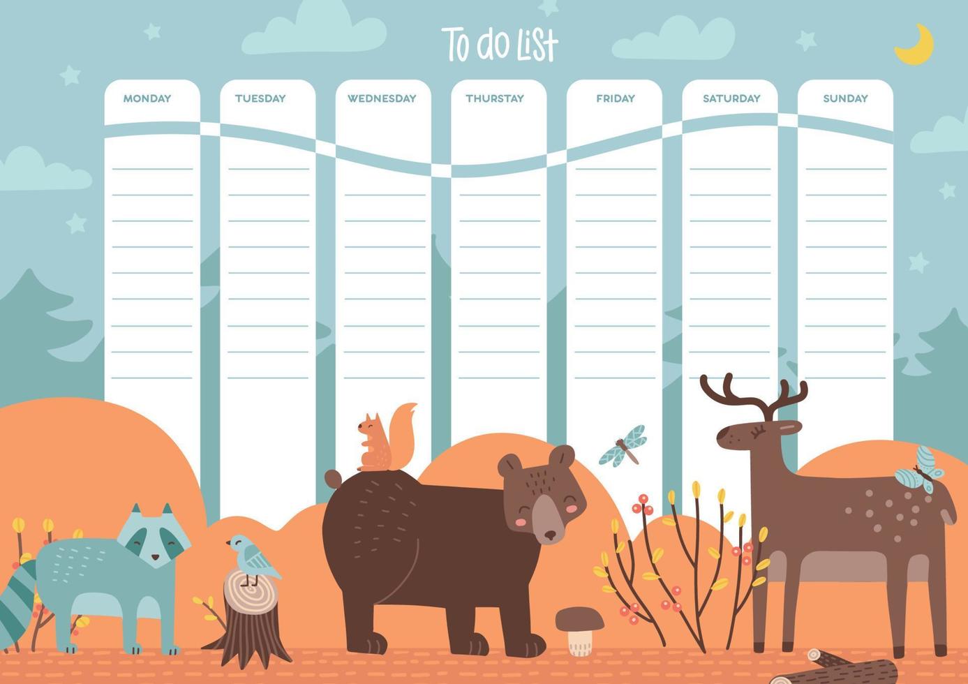 planificador semanal con lindos animales en el bosque de otoño. Plantilla de lista de tareas pendientes. 7 días de la semana. ilustración vectorial dibujada a mano. plantilla imprimible tamaño a4 vector