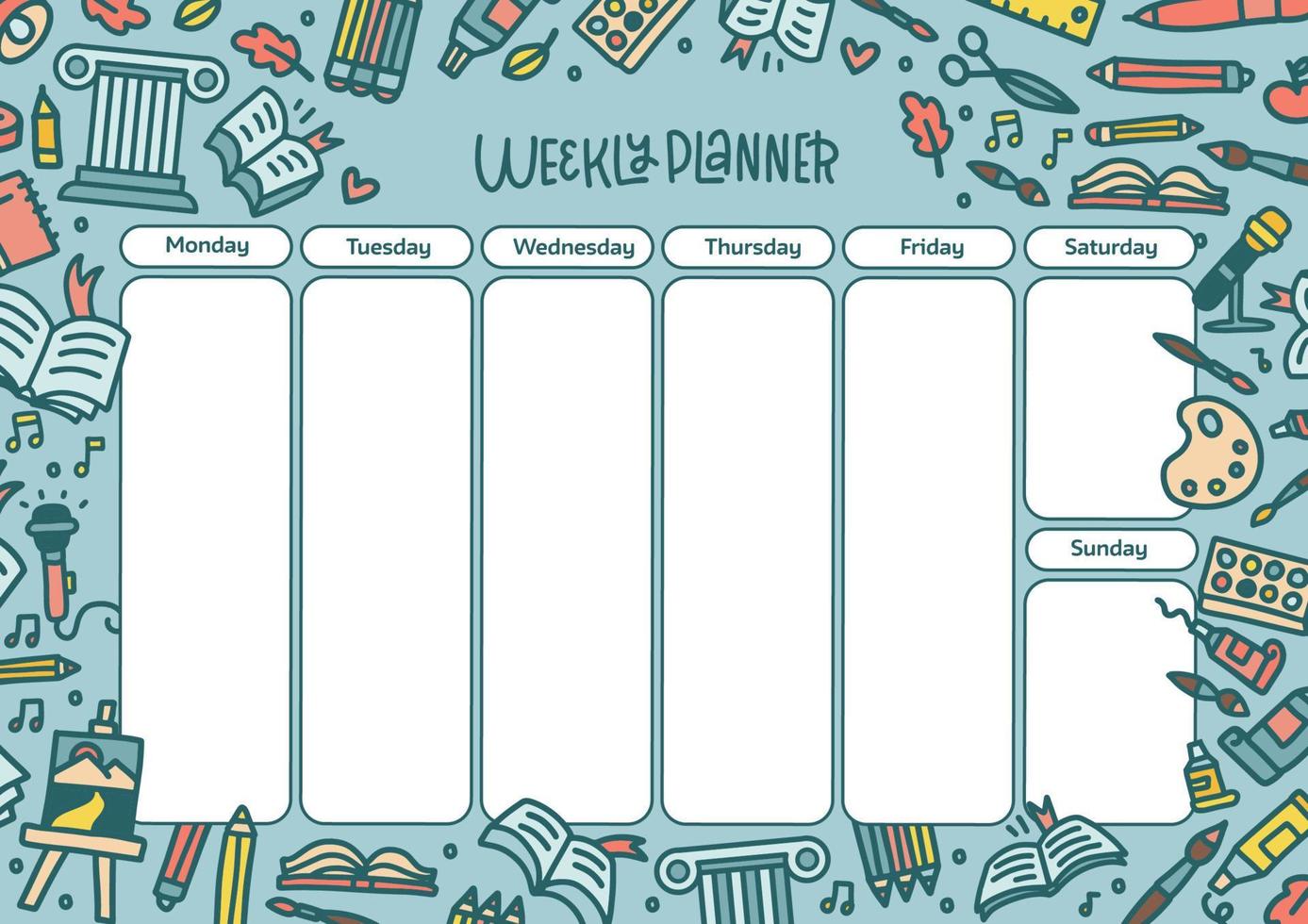 School weekly planner templat. Background with books, pens, pencils, and art supplies. A4 size template with doodle school objects and symbols. Hand Drawn color Vector illustration