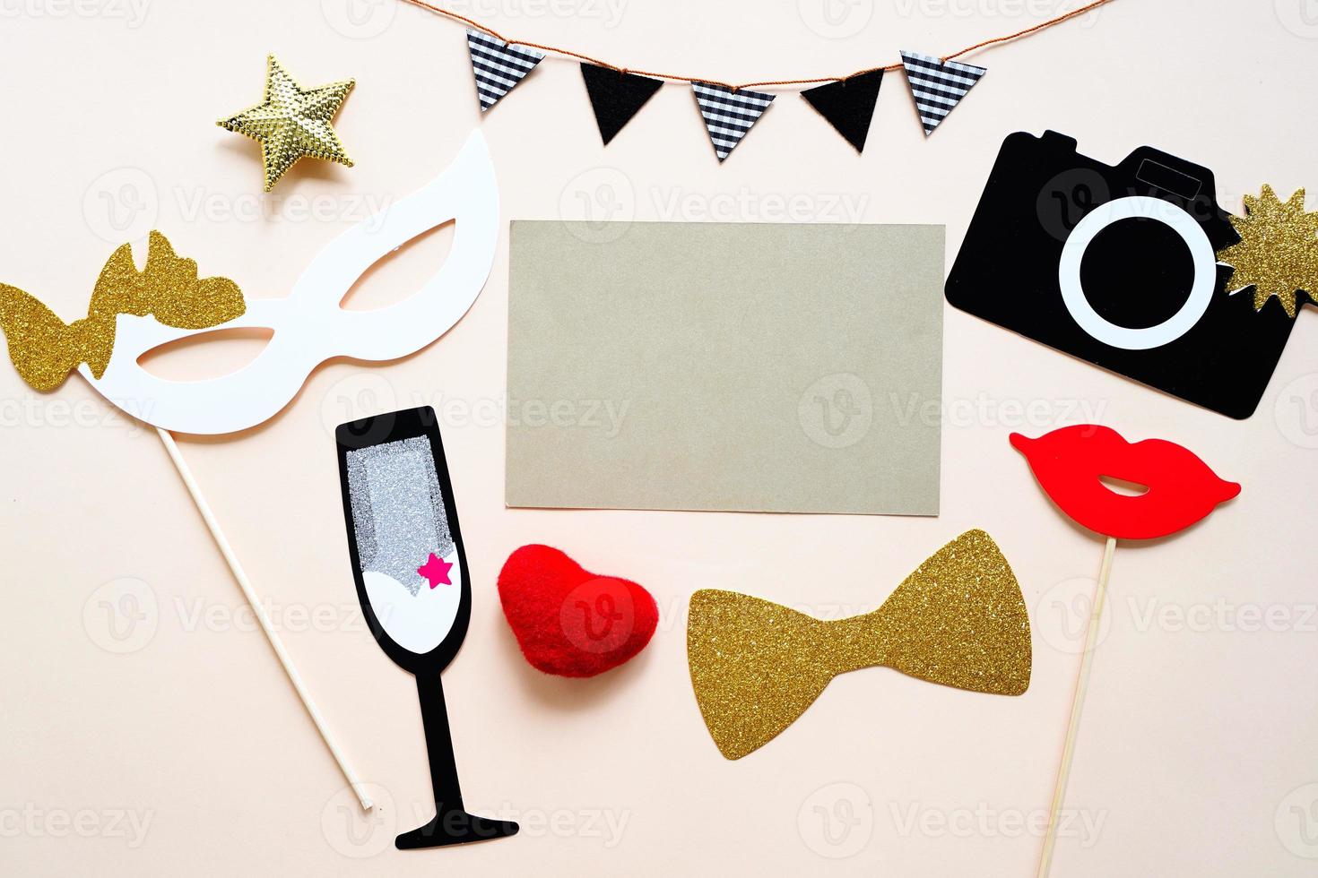 Cute party props and blank card on colorful background, happy new year party celebration and holiday concept photo