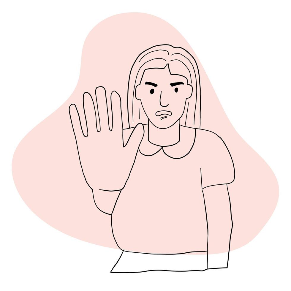 A frightened woman puts her hand forward. A gesture of stopping. Human emotion. line art vector