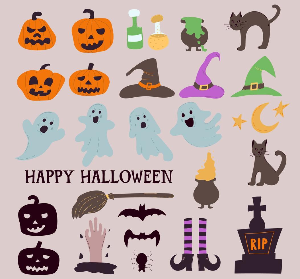 conjunto de elementos para halloween con calabazas y lindos fantasmas vector