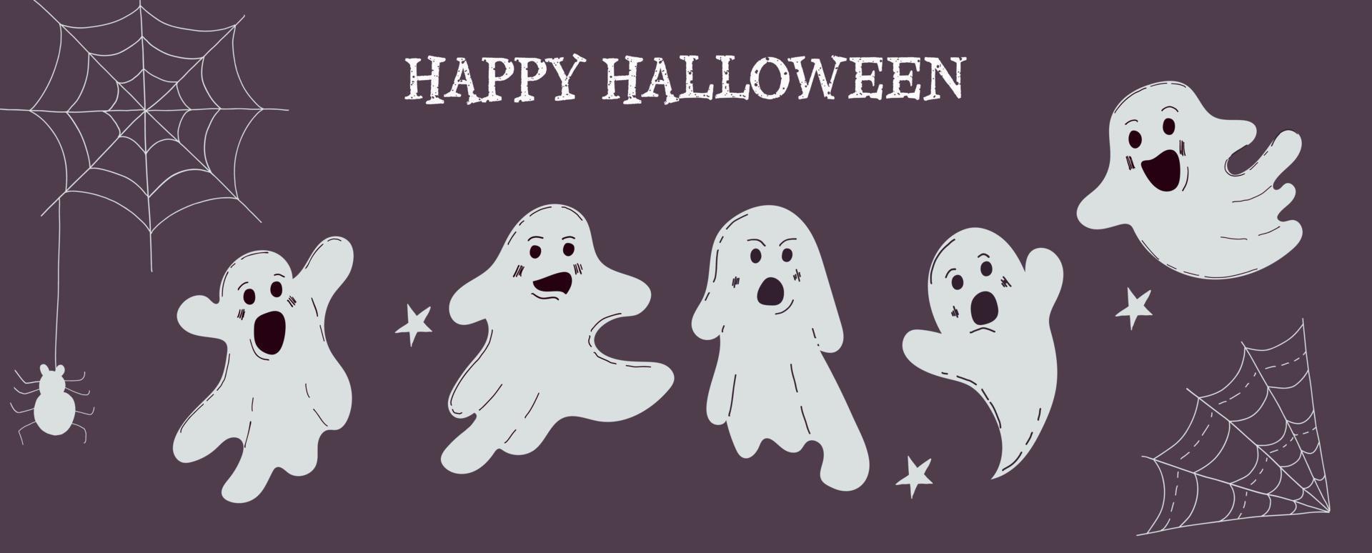 Set of elements for Halloween holiday with cute ghosts vector