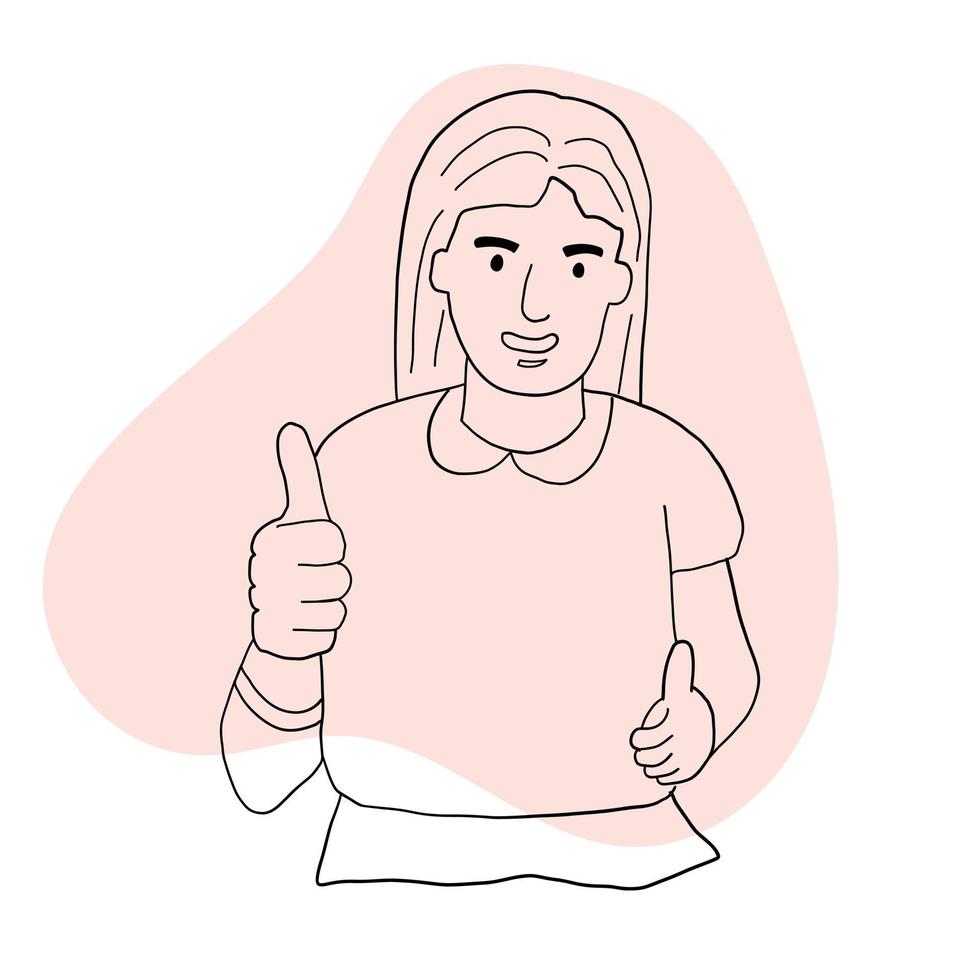 chica satisfecha levanta el pulgar. un gesto de aprobación. emoción positiva de una persona. todo bien. dibujo lineal vectorial vector