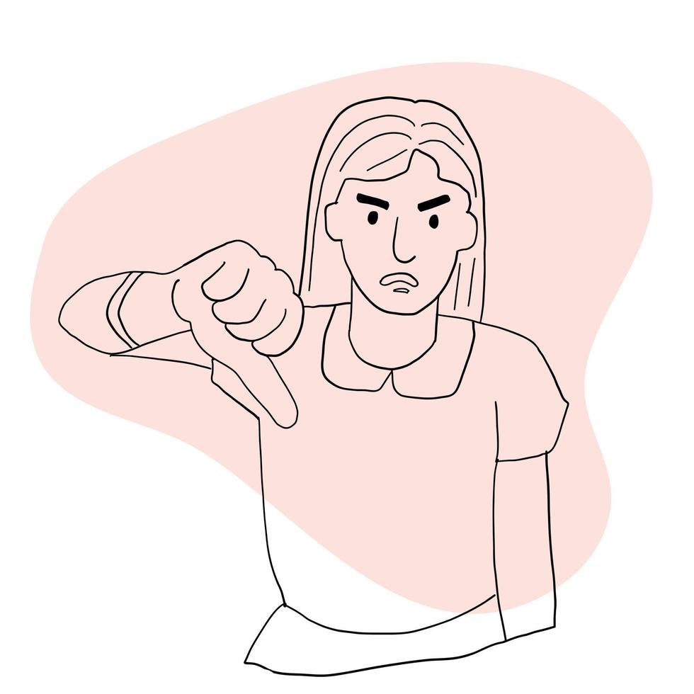 The angry girl puts her thumb down. A gesture of disapproval. Negative emotion of a man. dislike. line art vector