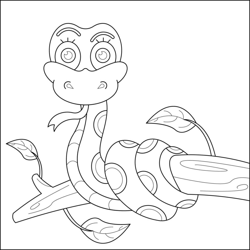 Cute snake coiled in a tree suitable for children's coloring page vector illustration