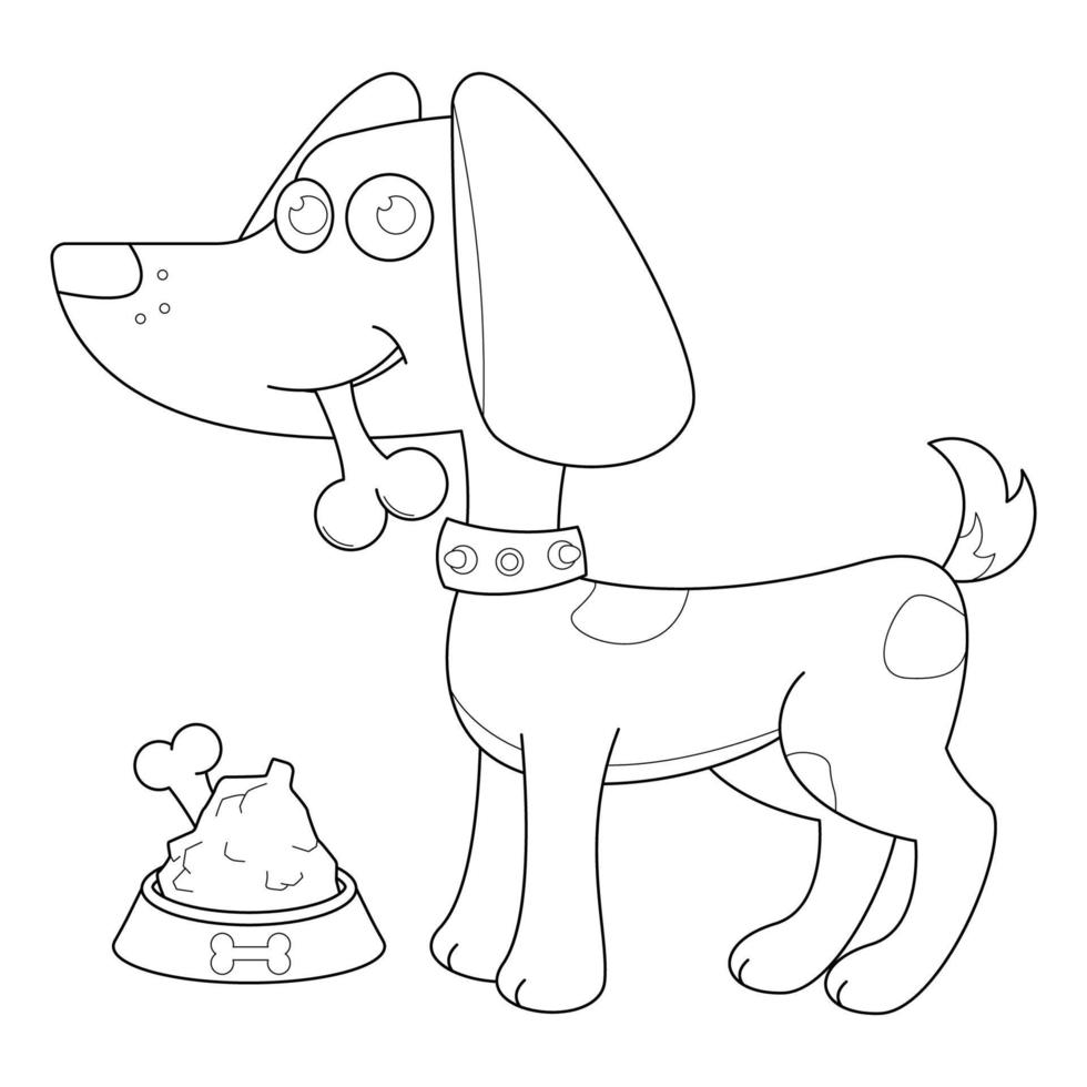 Dog eating bones suitable for children's coloring page vector illustration