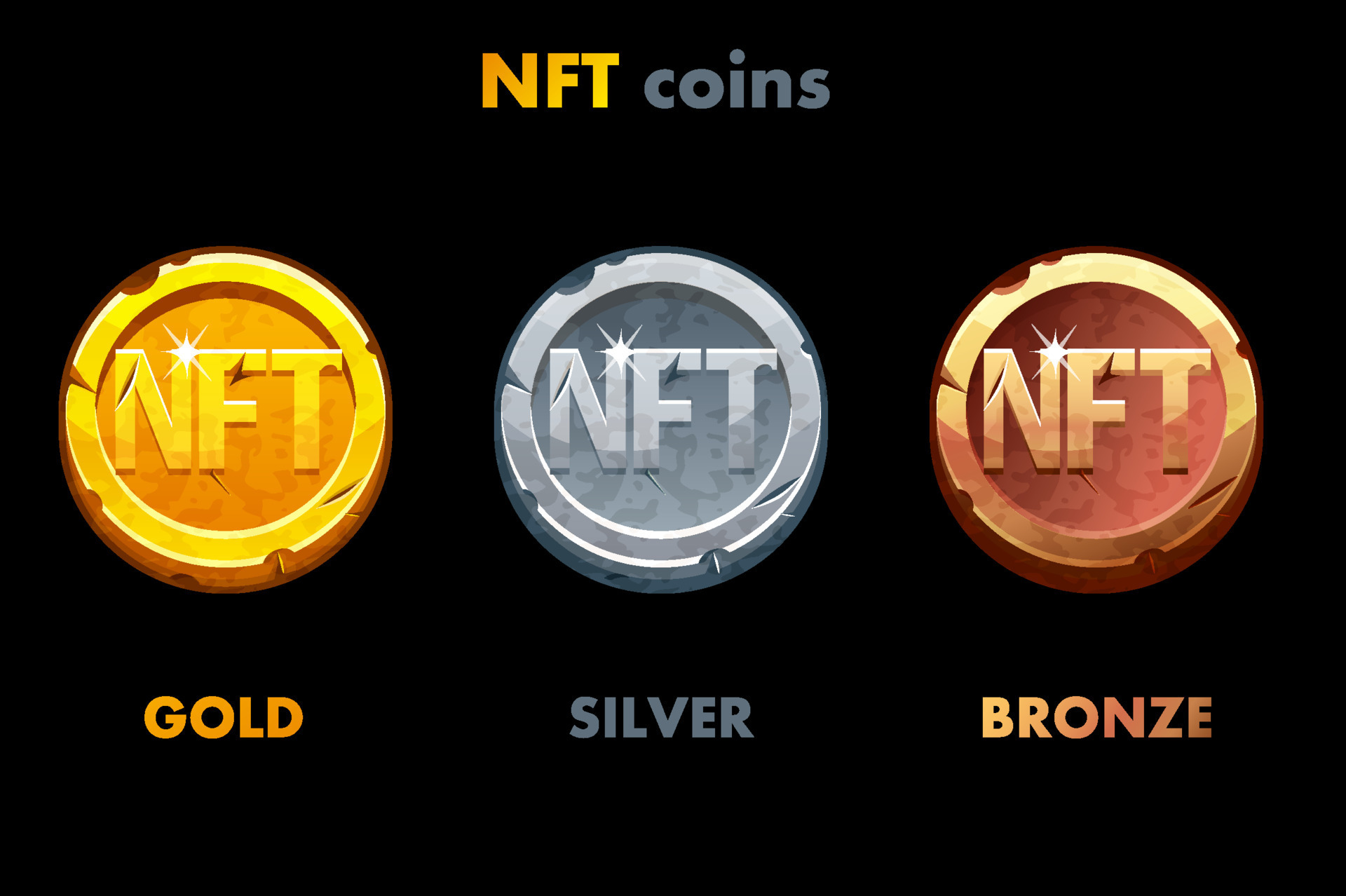 NFT old coins in different metals. Gold, silver and bronze coins
