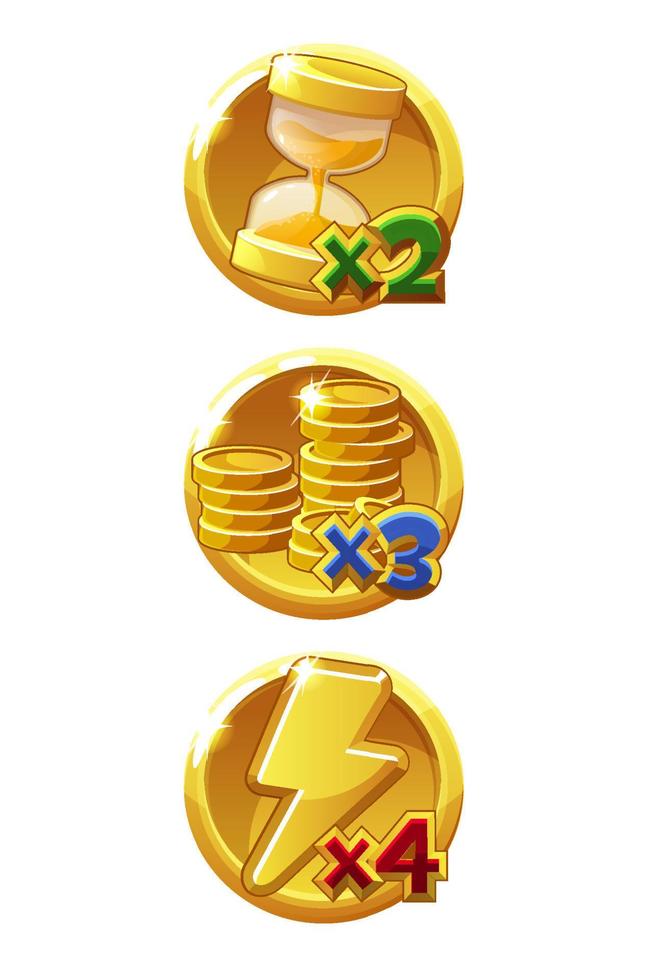 Time, coin and energy golden bonus icons for game. Vector illustration set round icons of doubling prizes for ui.