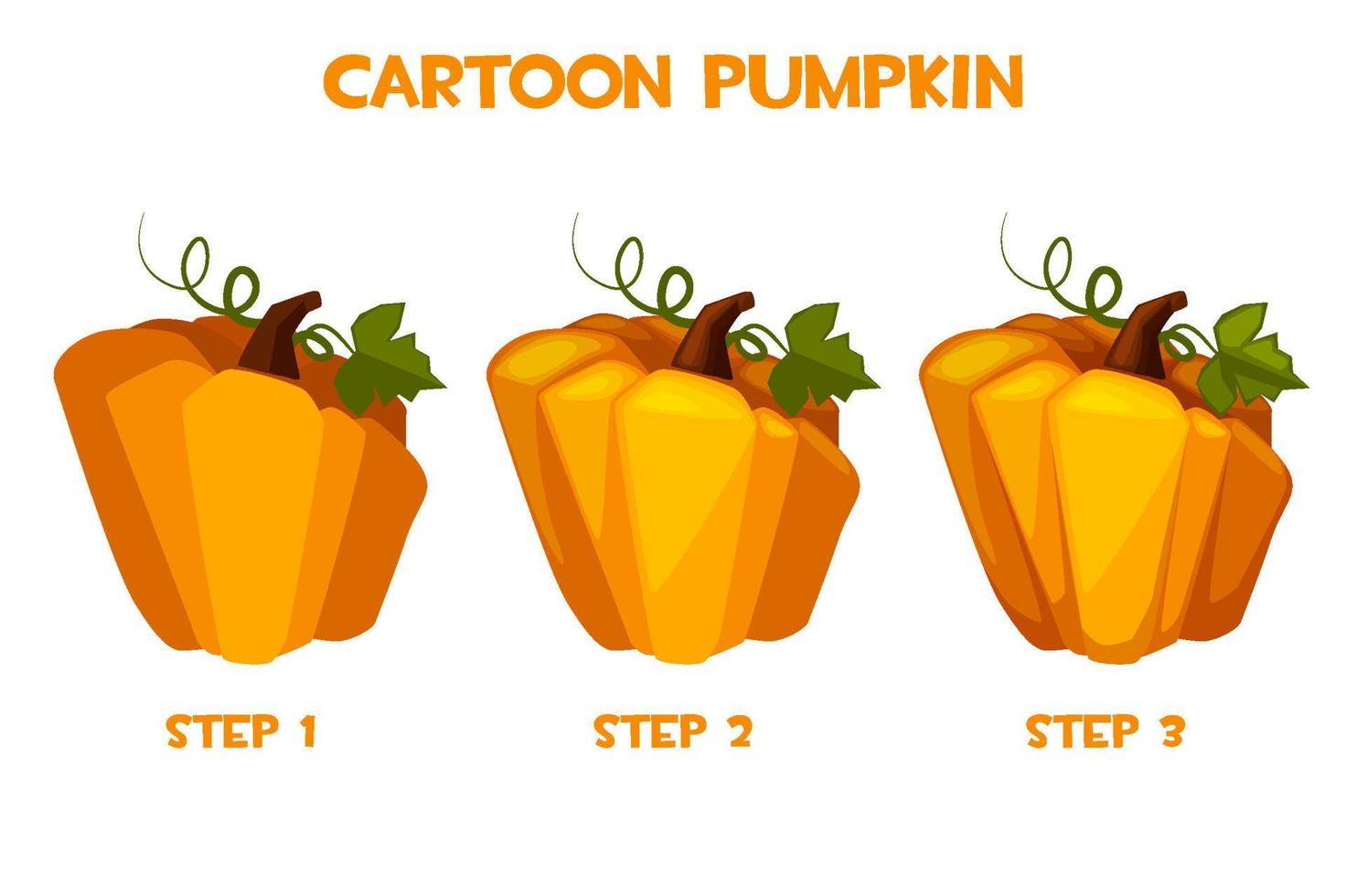 Stylized pumpkin in 3 steps, set of isolated pumpkins for the game. vector
