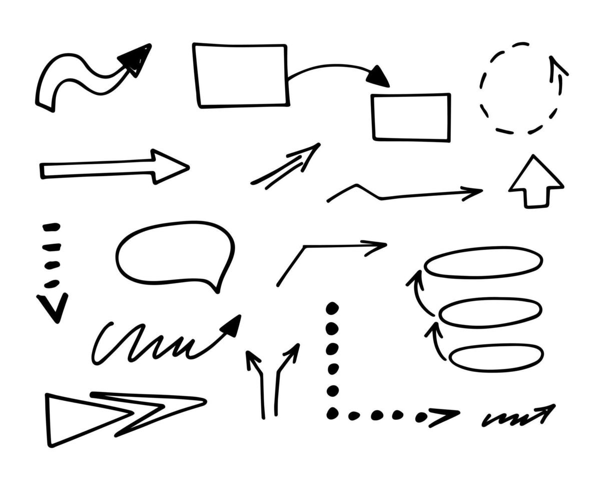 Vector set of hand-drawn arrows, elements for presentation. Infographic illustration, business doodles icons, isolated objects. Sketch of business process. Concept visual business strategy, project