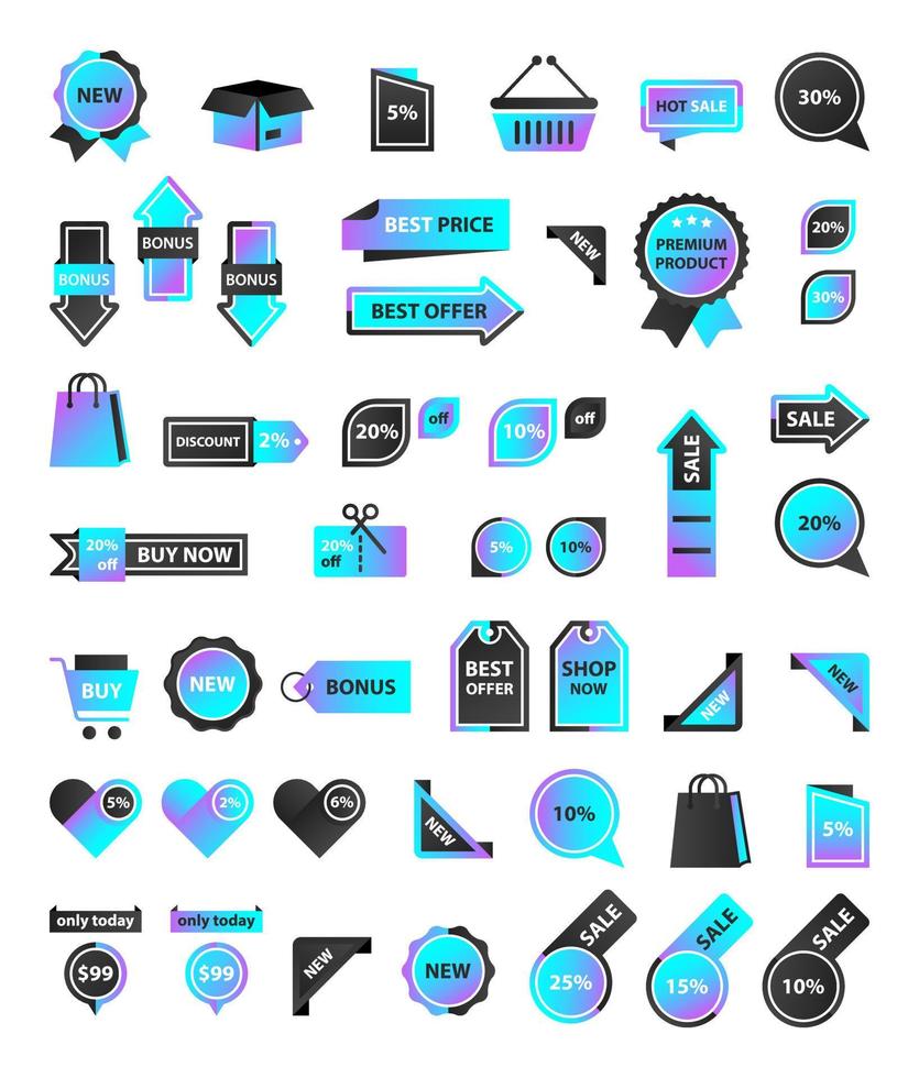 Vector stickers, price tag, banner, label. Coupon sale, offers and promotions vector template. Set of buttons, icons on the theme of shopping, commerce