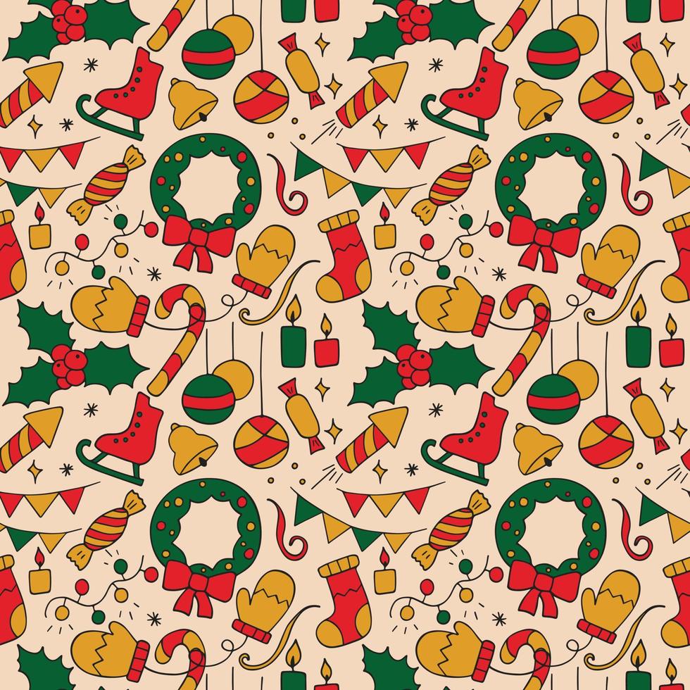 Seamless texture from New Year icons, Christmas symbol. Pattern from hand drawn winter   olidays icons. Cartoon doodle background on the theme of New Year's holidays. Celebration illustration vector