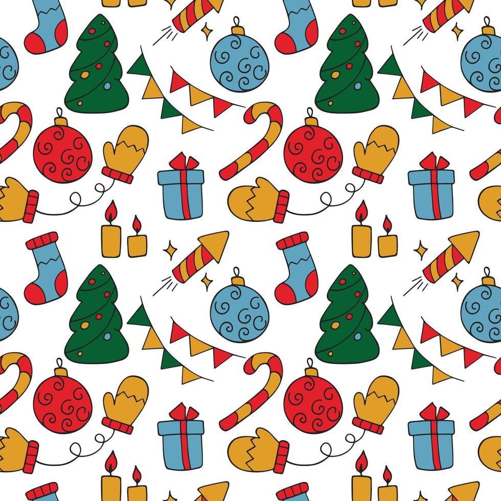 Seamless texture from New Year icons, Christmas symbol. Pattern from hand drawn winter holidays icons. Cartoon doodle background on the theme of New Year's holidays. Celebration illustration vector
