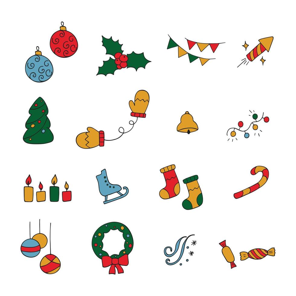 Vector set of New Year icons, Christmas symbols. Hand drawn winter holidays icons.   Cartoon doodle objects on the theme of New Year's holidays. Celebration illustration