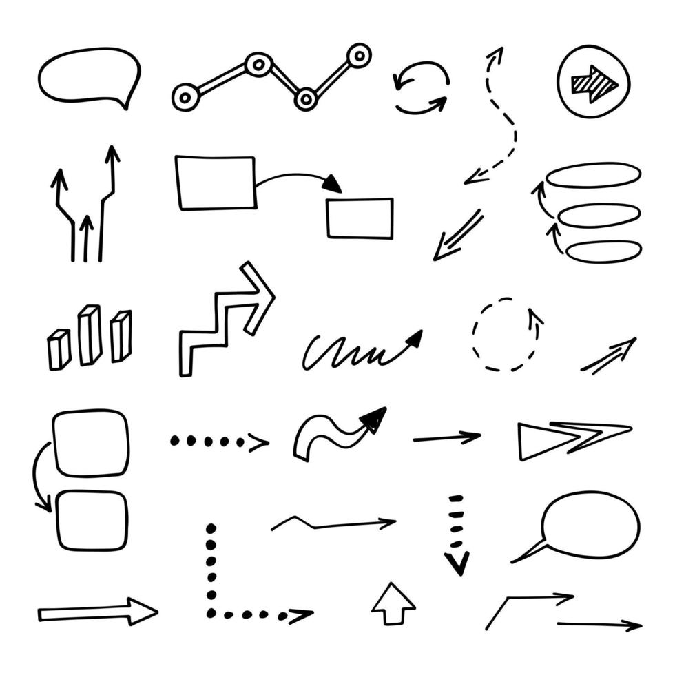 Vector set of hand drawn arrows, elements for presentation. Infographic illustration,   business doodles icons, isolated objects. Sketch of business process. Concept visual  business strategy, project