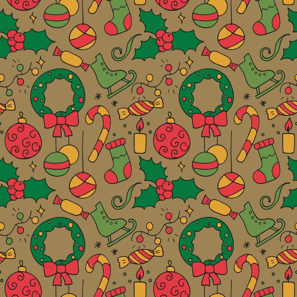 Seamless texture from New Year icons, Christmas symbol. Pattern from hand drawn   winter olidays icons. Cartoon doodle background on the theme of New Year's holidays. Celebration illustration vector