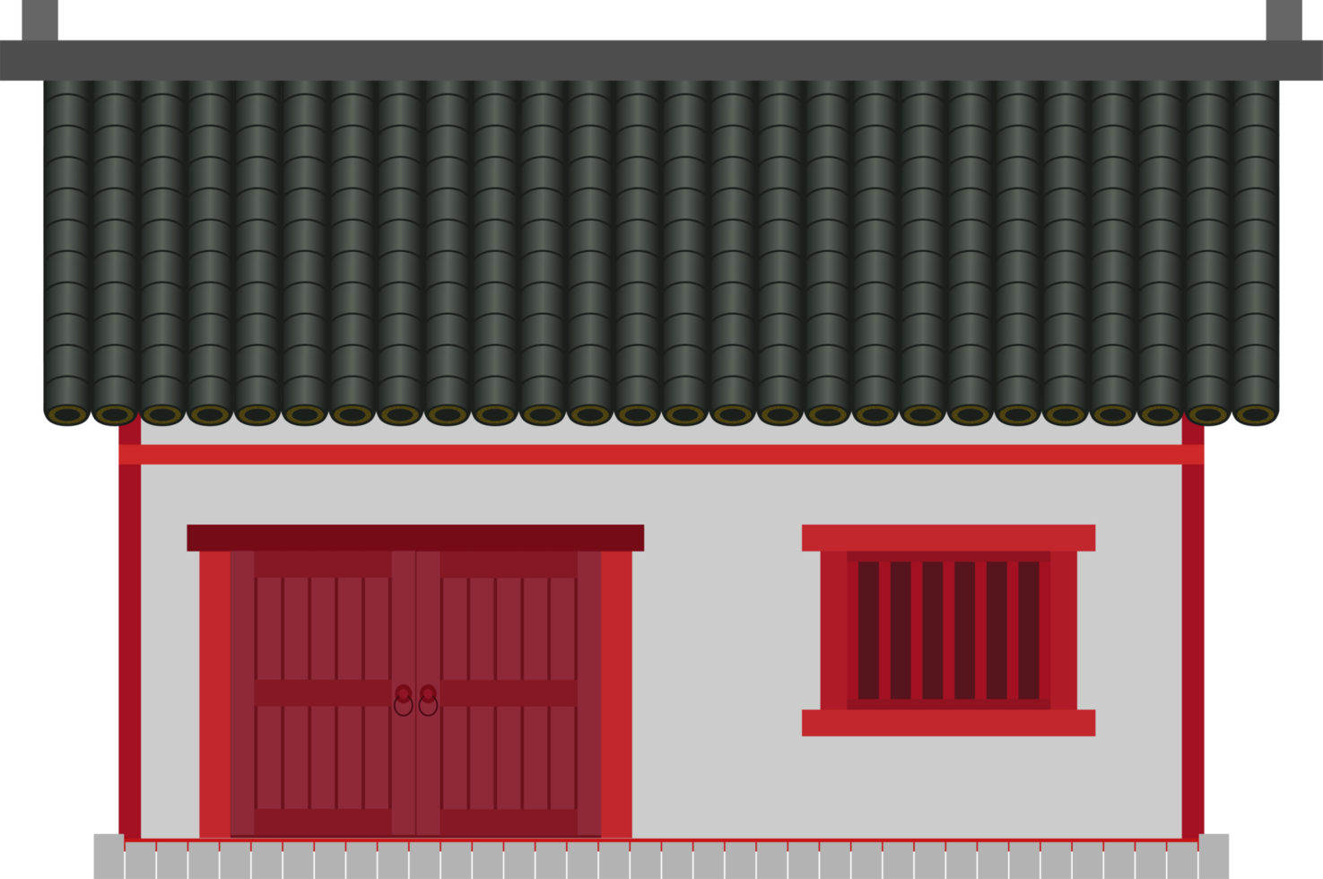 chinese house front view with red white and black rooftop color style png