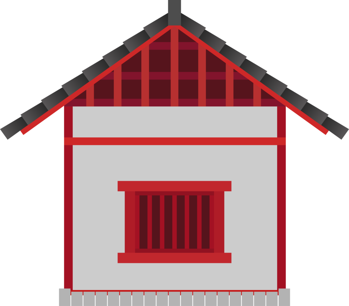 chinese house side view with red white and black rooftop color style png