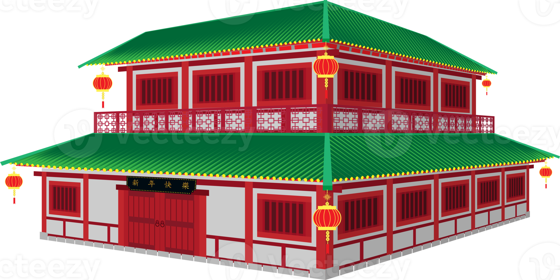 3d chinese 2 storey house with lantern and black sign on center and red white color style png