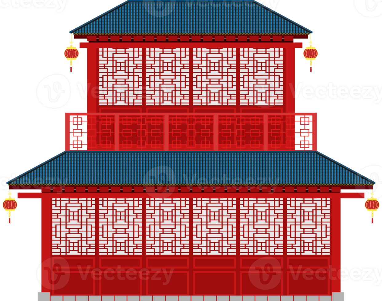 Chinesisches 2-stöckiges Haus in Rot, Weiß und Blau auf dem Dach png