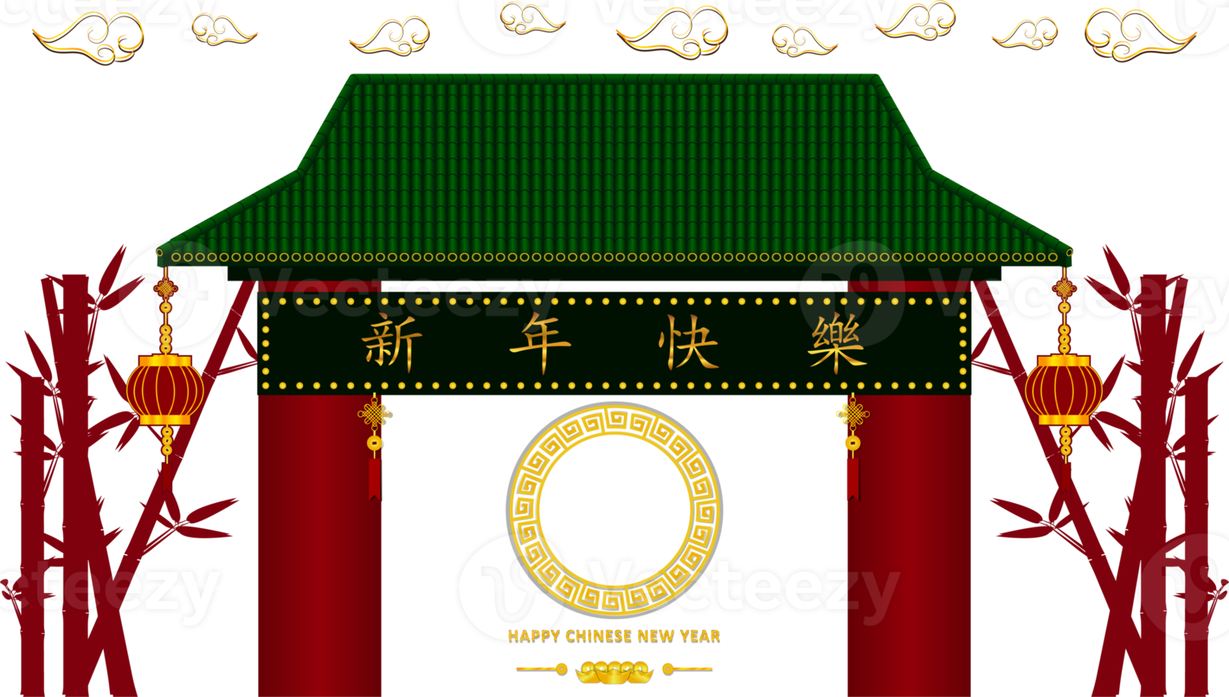 Chinese gate and character sign lantern hanging around with bamboo trees png
