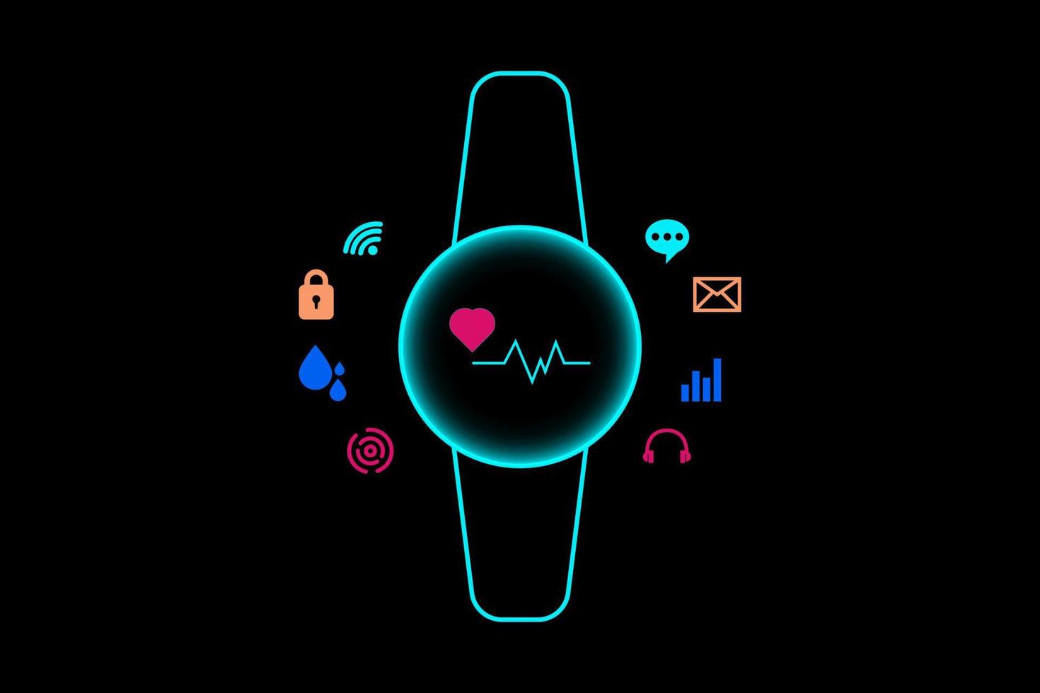 Smartwatch concept. Electronic intelligence watch with health, communication, wifi, network icon on black background. vector