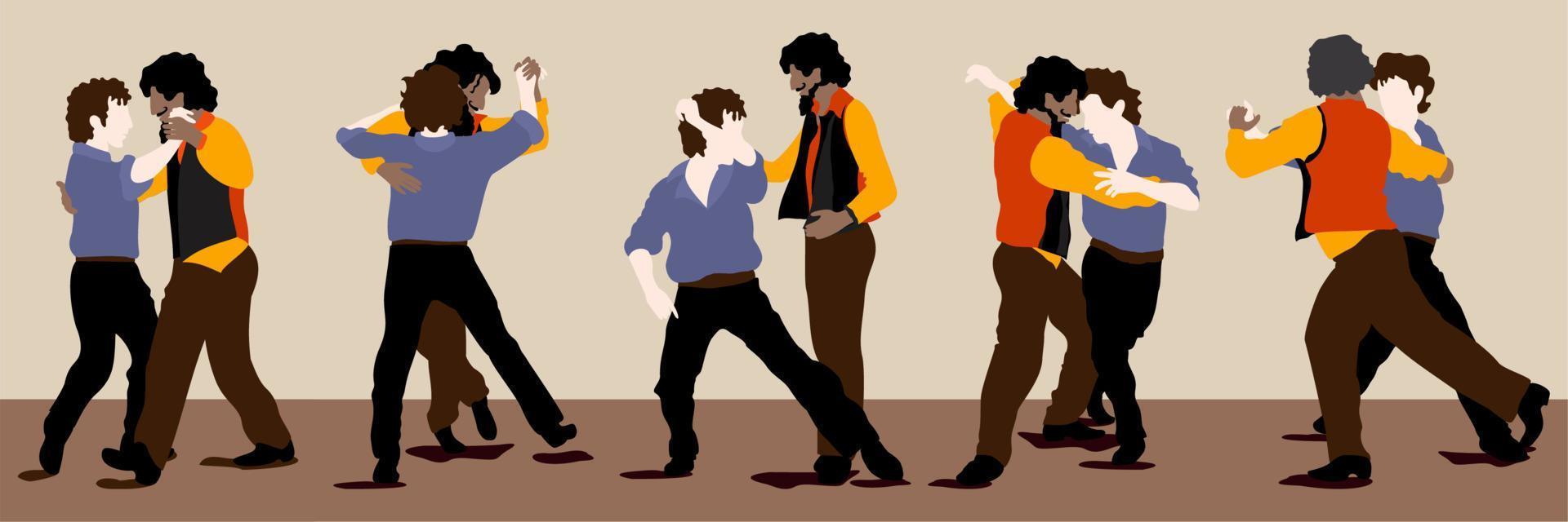 Men tango. Vector set of two men, tango dancers in different dance postures. Bright expressive illustration.