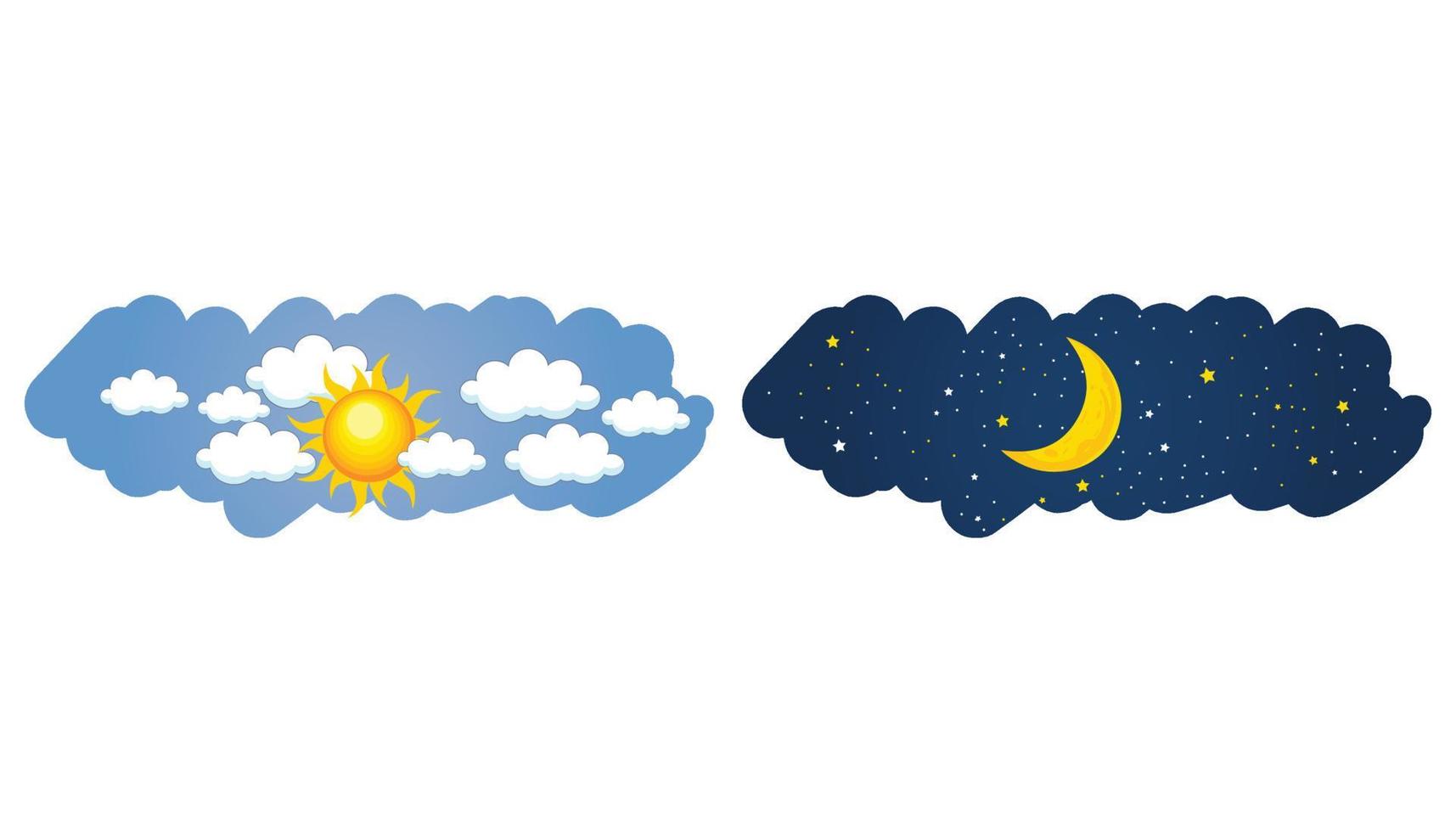 ilustración del cielo diurno y nocturno con sol, nubes, luna y estrellas vector