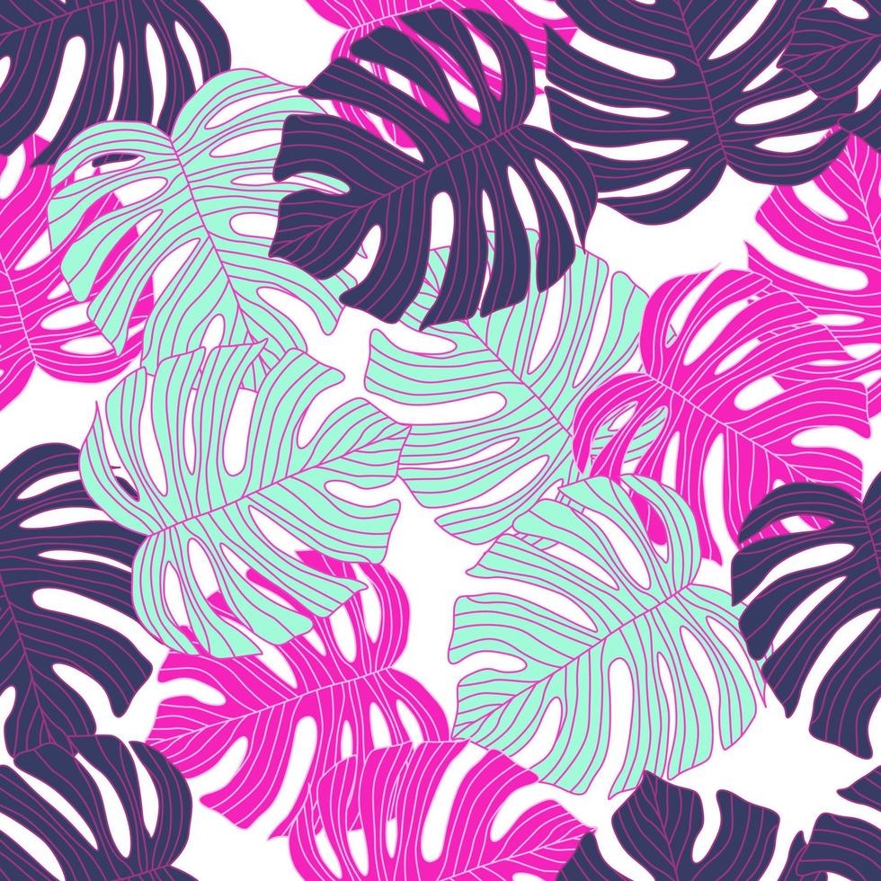 Contoured outline monstera silhouettes seamless pattern. Palm leaves endless background. Botanical wallpaper. vector