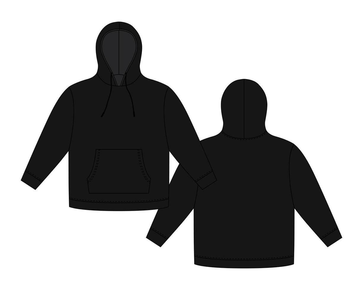 plantilla con capucha en color negro. maqueta de boceto técnico de ropa con capucha. sudadera con capucha, bolsillos. vector