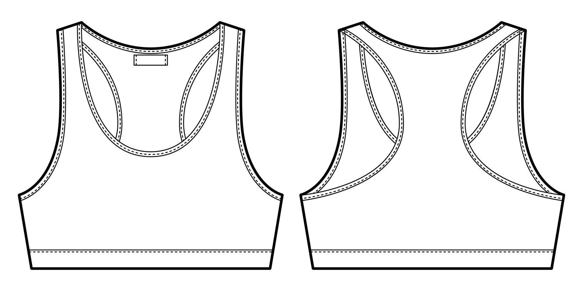 Bra technical sketch illustration. Women's yoga underwear design template. Casual underclothing. vector