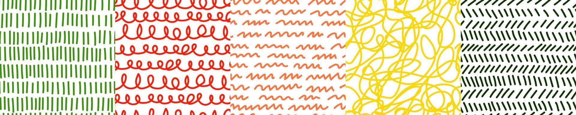 Set of hand drawn sketch spirals lines seamless pattern. Striped endless wallpaper collection. Doodle style. Broken line background. vector