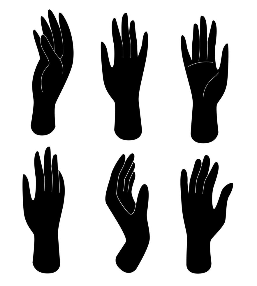 Set of black silhouette female hands with different gestures. Human body parts, body care, female beauty. Vector illustration in flat style isolated on white background