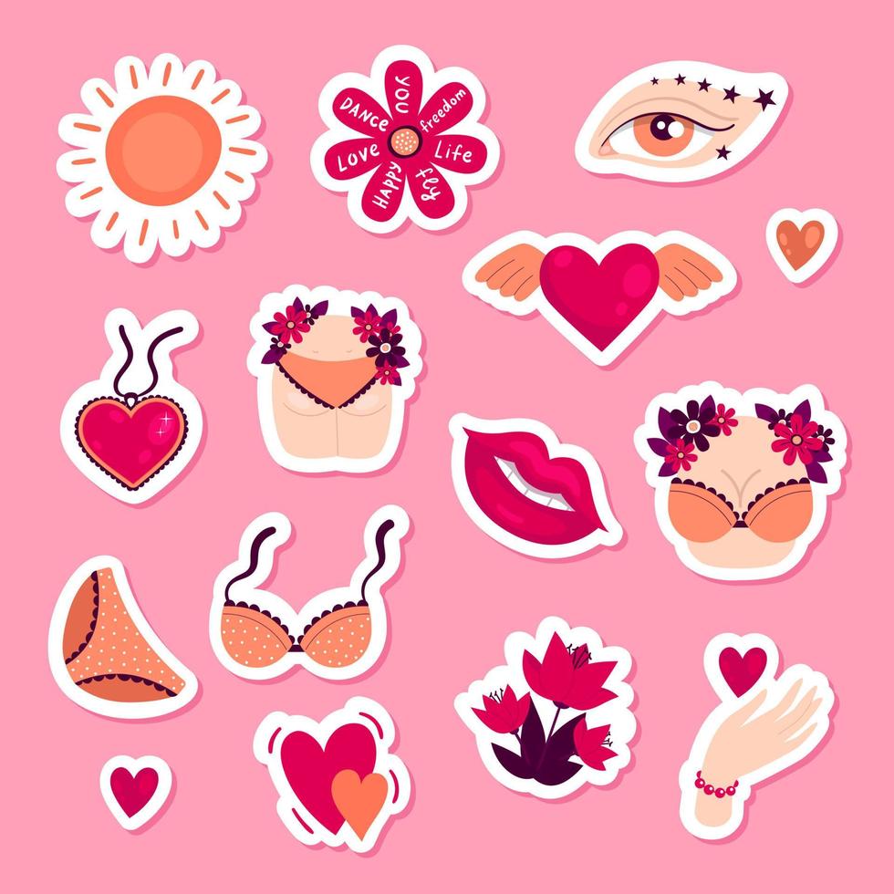 Set of female positive stickers. Underwear, flowers, lips. Women's buttocks and breasts. vector