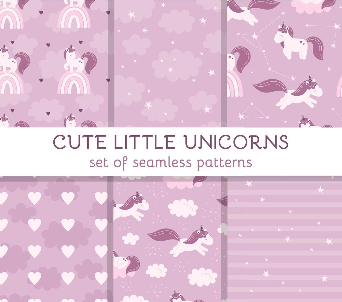 Set seamless patterns with cute fairy unicorns, clouds, stars and rainbows. Decor for a nursery, packaging, wallpaper, print for clothes. Vector illustration in flat style, child character