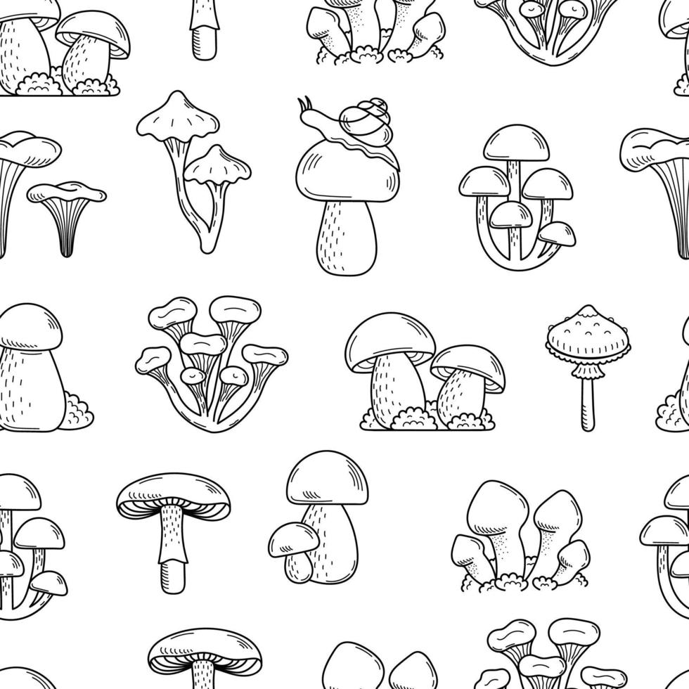 Seamless pattern of cute doodle mushrooms. Edible and Poisonous mushrooms, fly agaric, toadstool, porcini mushroom. Vector hand illustration