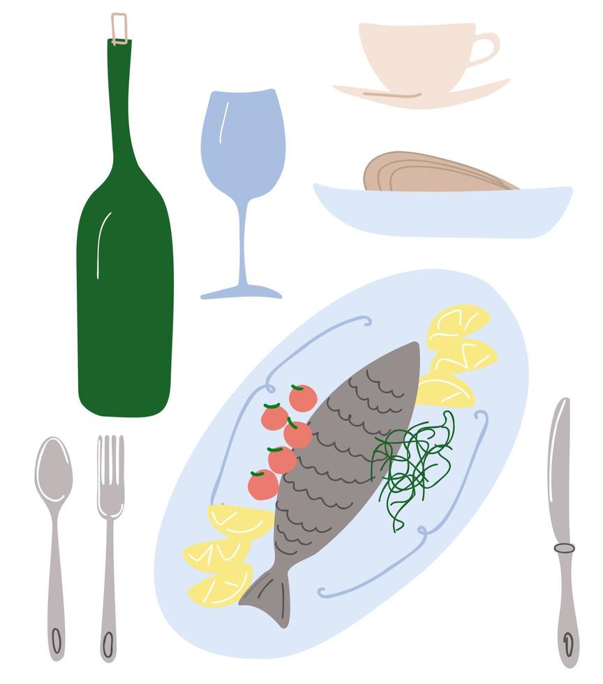 Illustration with lunch at the restaurant. Vector template. Healthy food, diet.