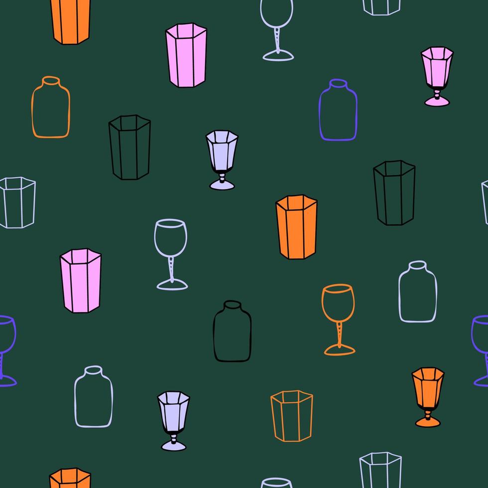 Seamless vector pattern with different glasses and wine glasses drawn in doodle style.