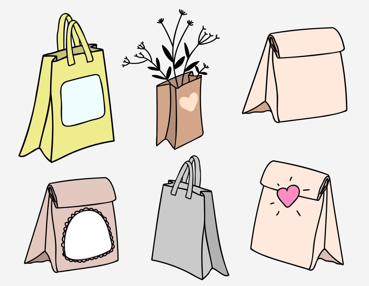 un conjunto de compradores y bolsos dibujados a mano al estilo garabato. vector