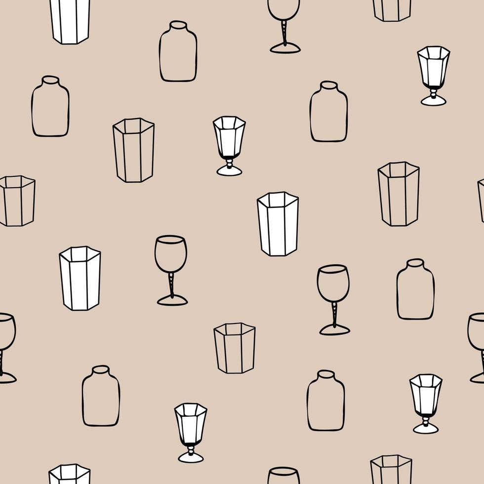 Seamless vector pattern with different glasses and wine glasses drawn in doodle style.