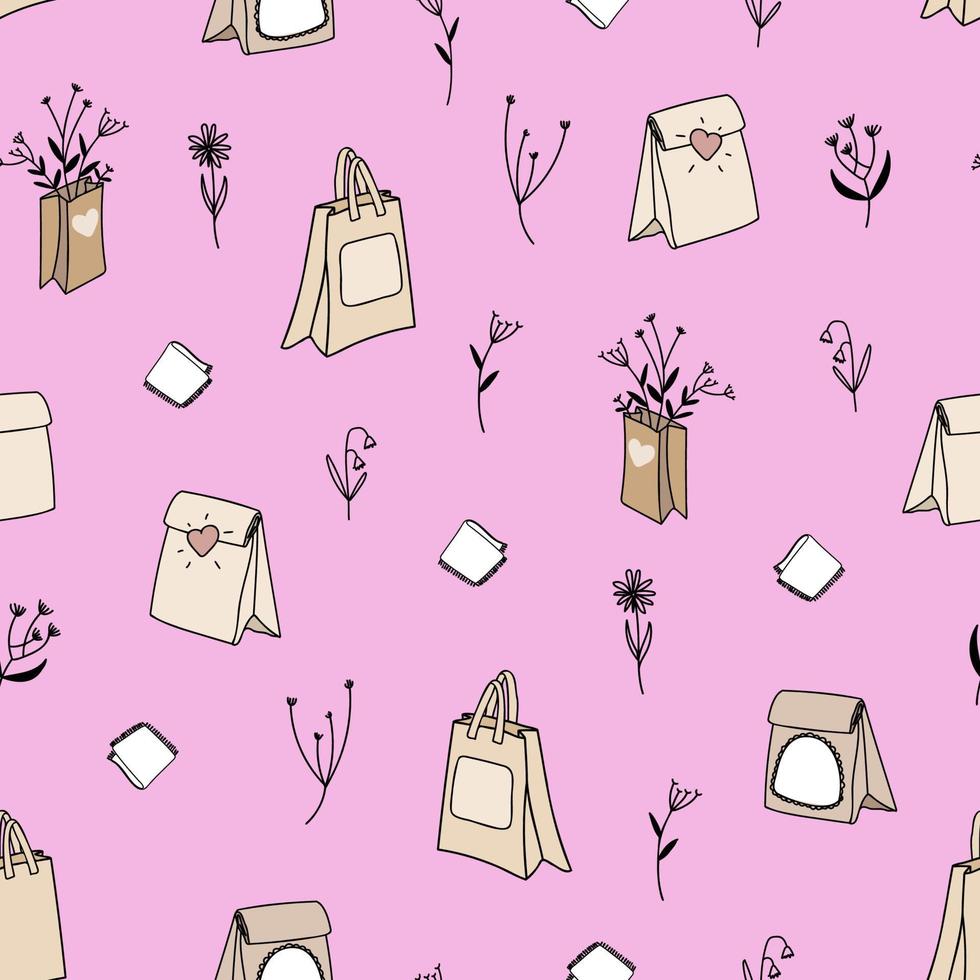 Seamless pattern for wrapping paper with craft bags. Vector illustration for the handout.
