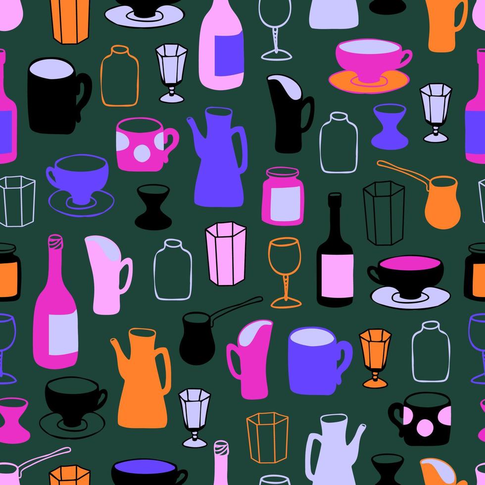 patrón vectorial sin inconvenientes con un juego de platos dibujados al estilo garabato. decantador minimalista, tetera, taza, copas vintage, copas de vino, vaso de chupito, botella de vino. vector