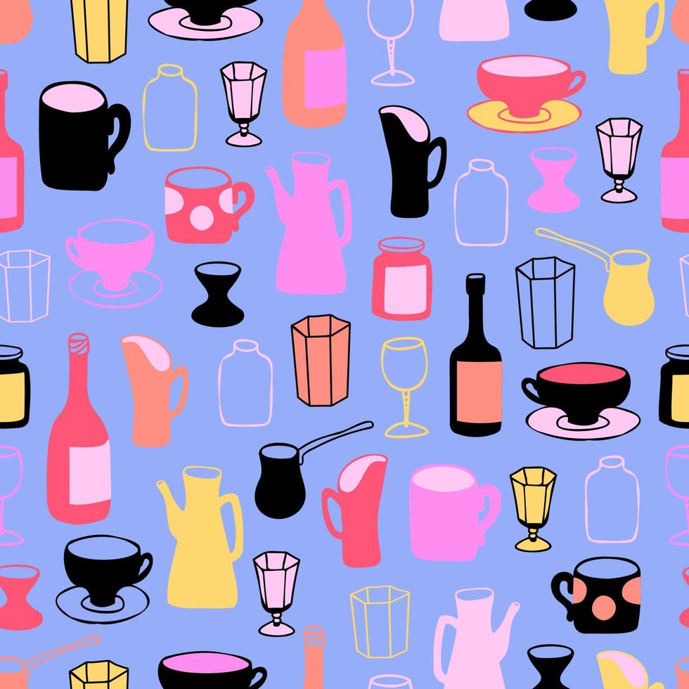 patrón vectorial sin inconvenientes con un juego de platos dibujados al estilo garabato. decantador minimalista, tetera, taza, copas vintage, copas de vino, vaso de chupito, botella de vino. vector