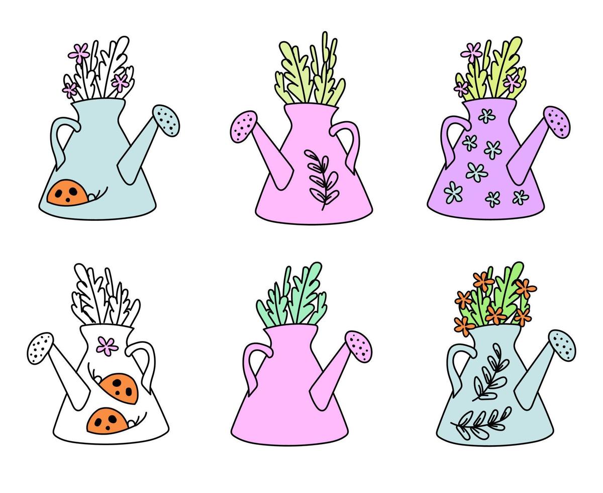 set of cute colorful doodle-style watering cans. vector