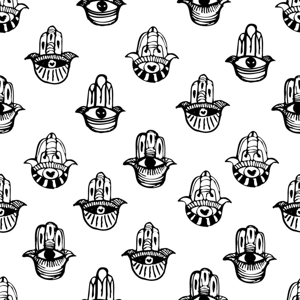 Vector illustration with hamsa protects against the evil eye. Depending on the religious origin, it is also known as the Hand of Miriam, the Hand of Fatima. Seamless pattern