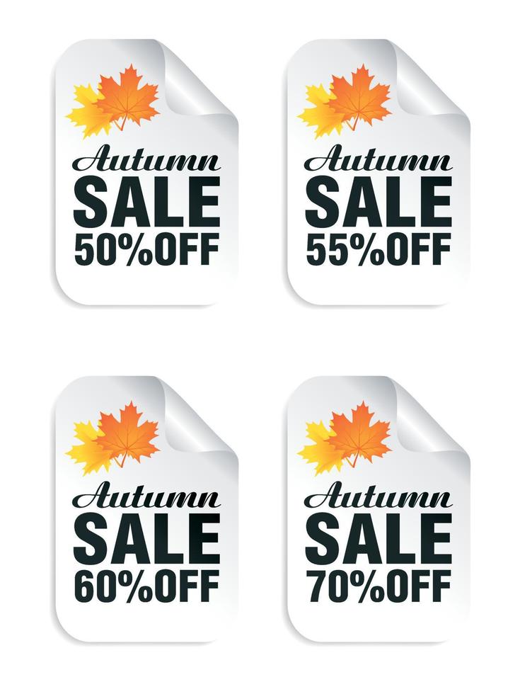 pegatinas blancas de venta de otoño con hojas de otoño. venta de otoño 50, 55, 60, 70 por ciento de descuento vector