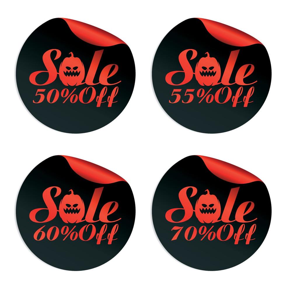 Black, red Halloween sale stickers set with pumpkin 50, 55, 60, 70 off. vector